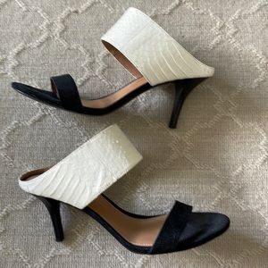 Vince Camuto heels, matte cream snake with black thin strap, size 9.5